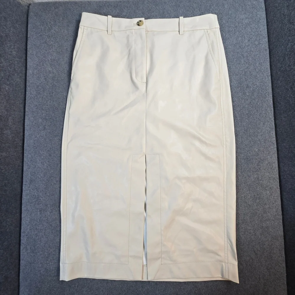 J. Crew Cream Faux Leather Midi Skirt Front Slit High Waist Ivory Size 8 Office